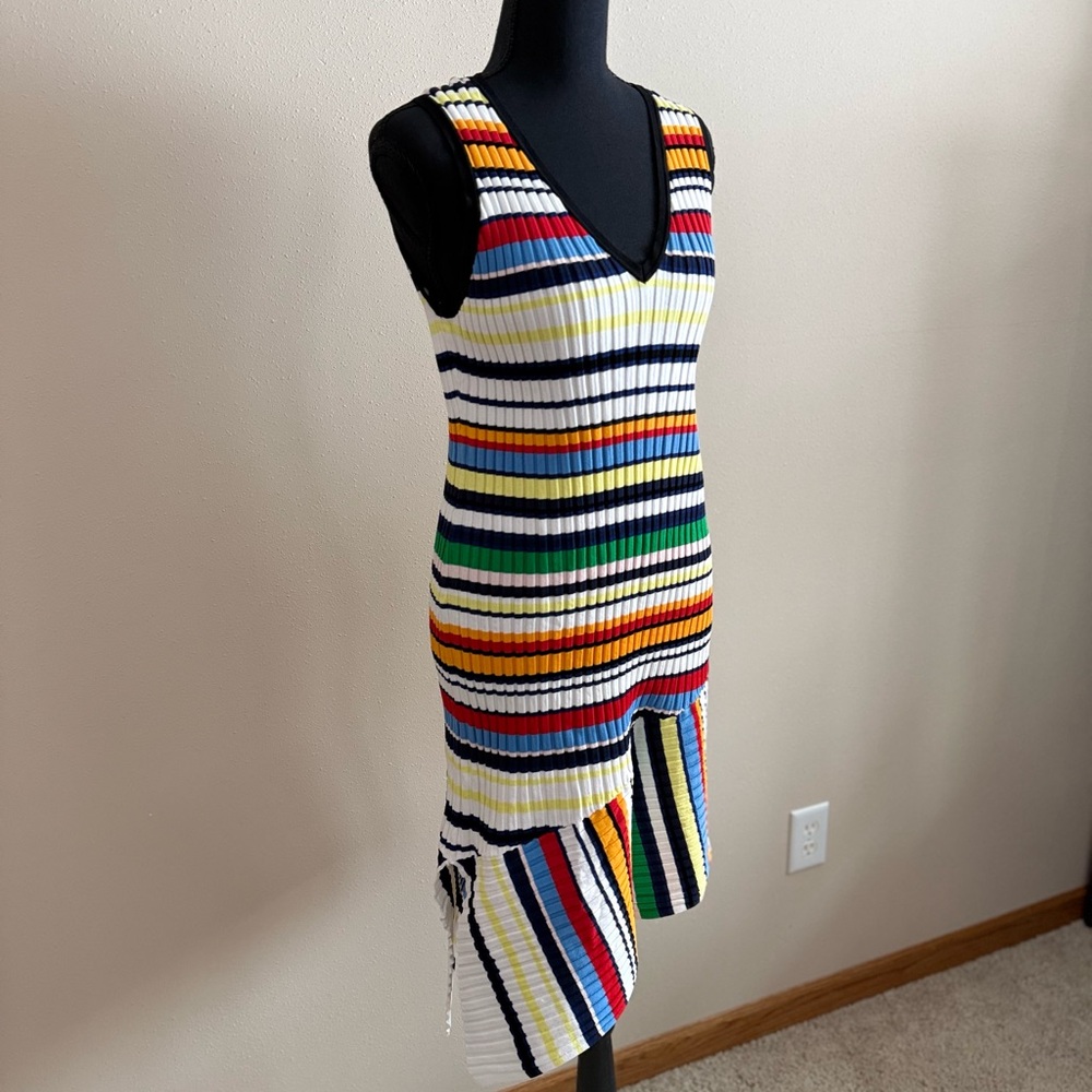 Milly Striped Knit Dress Asymmetrical Hem V Neck Multicolor Size L - Picture 5 of 13